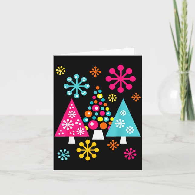 Tarjeta Groovy Retro Christmas Trees And Snowflakes  (Anverso)