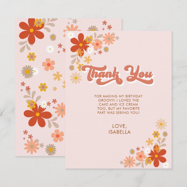 Tarjeta Groovy Retro Floral de agradecimiento (Anverso / Reverso)