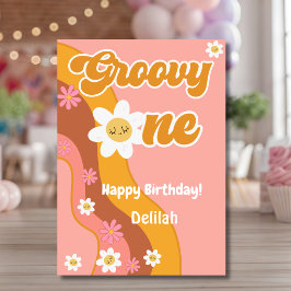 Tarjeta Groovy uno retro vintage primera feliz cumpleaños