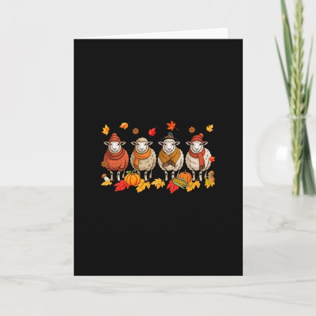 Tarjeta Group Sheeps Thanksgiving Fall Leaves Pumpkins Far (Anverso)