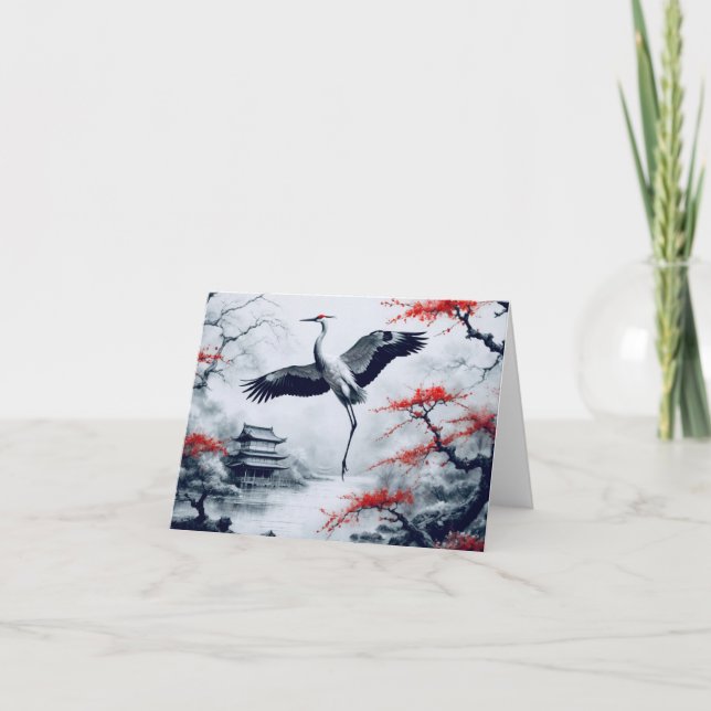 Tarjeta Grúa Japonesa Elegante En Jardín Japonés (Anverso)
