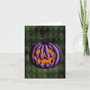 Tarjeta Grunge verde de calabaza morada de Halloween