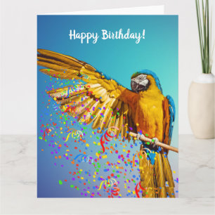 Tarjeta Guacamayo azul y amarillo lanza confeti      