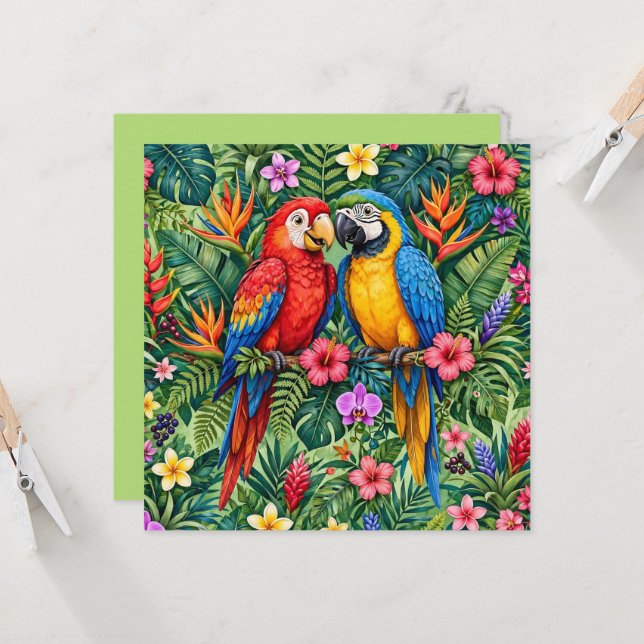 Tarjeta Guacamayos de la selva Loros alegres Flores vibran (Anverso/Reverso In Situ)