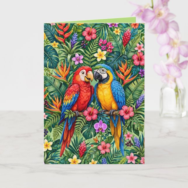 Tarjeta Guacamayos de la selva Loros alegres Flores vibran (Orquídea)