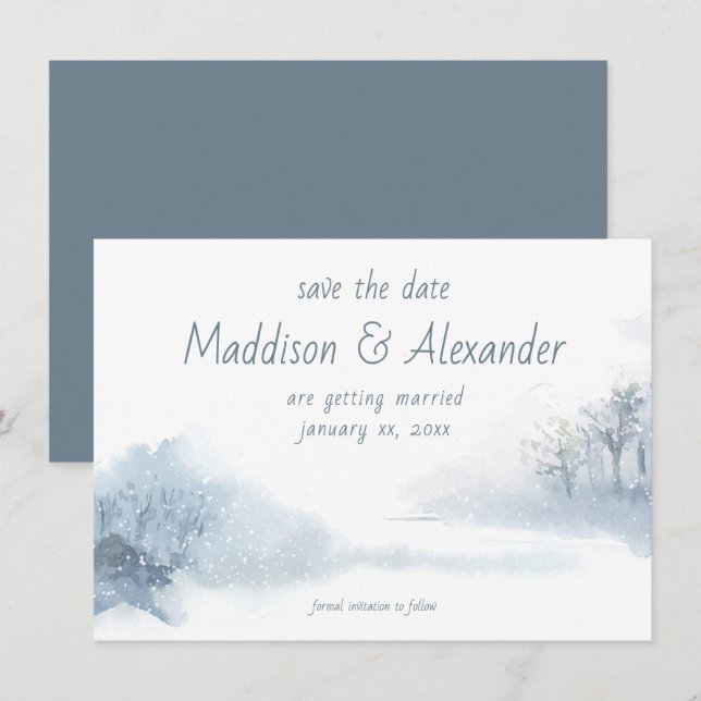 Tarjeta Guardar la fecha, invierno, Boda, azul, blanco (Anverso / Reverso)