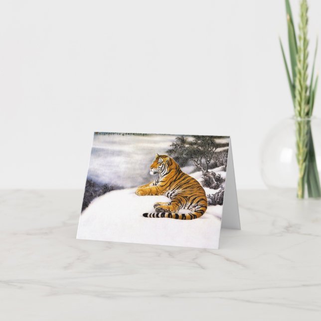 Tarjeta Guay chino esponjoso tigre reposo nieve acantilado (Anverso)