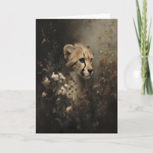 Tarjeta Guepardo en Flores Silvestres Pintura al Óleo Vint