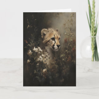 Tarjeta Guepardo en Flores Silvestres Pintura al Óleo Vint