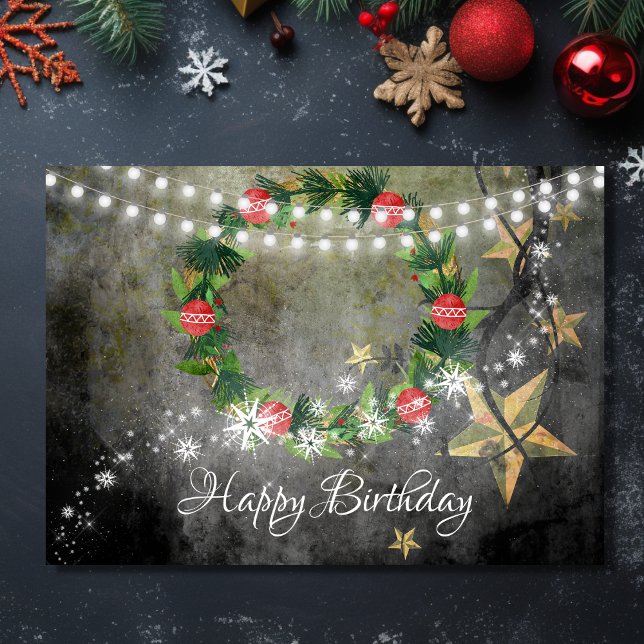 Tarjeta Guerra de feriados, estrellas y luces con cumpleañ (Front - Holiday Wreath, Stars n Lights with Snow Birthday Card)
