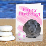 Tarjeta Guinea Pig Girly Pink White Soccer Ball Custom<br><div class="desc">This adorable child's birthday greeting card features a cute gray guinea pig with pink and white soccer ball on the front and inside. Personalize the template text on the front and inside,  remove any text or click customize to select a font style,  size,  and color you prefer.</div>