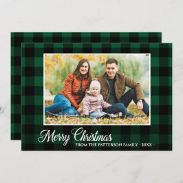 Tarjeta Guión de caligrafía Foto Navidades de Green Plaid