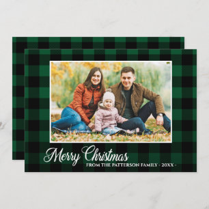 Tarjeta Guión de caligrafía Foto Navidades de Green Plaid