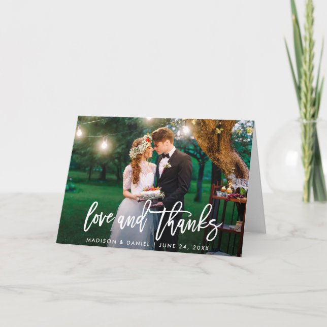 Tarjeta Guión de pincel moderno Foto Amor Gracias Boda (Anverso)