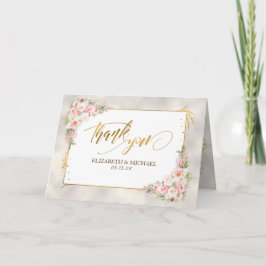 Tarjeta Guión dorado con flores de Peony rosada y gracias 