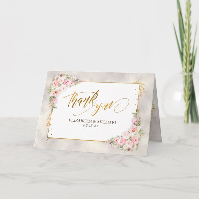 Tarjeta Guión dorado con flores de Peony rosada y gracias  (Anverso)