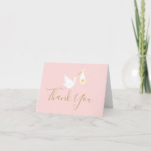 Tarjeta Guión dorado Gracias Cigüeña Bebé Niña Rosa