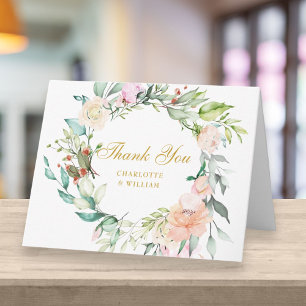 Tarjeta Guión dorado Gracias Rosas de acuarela Floral