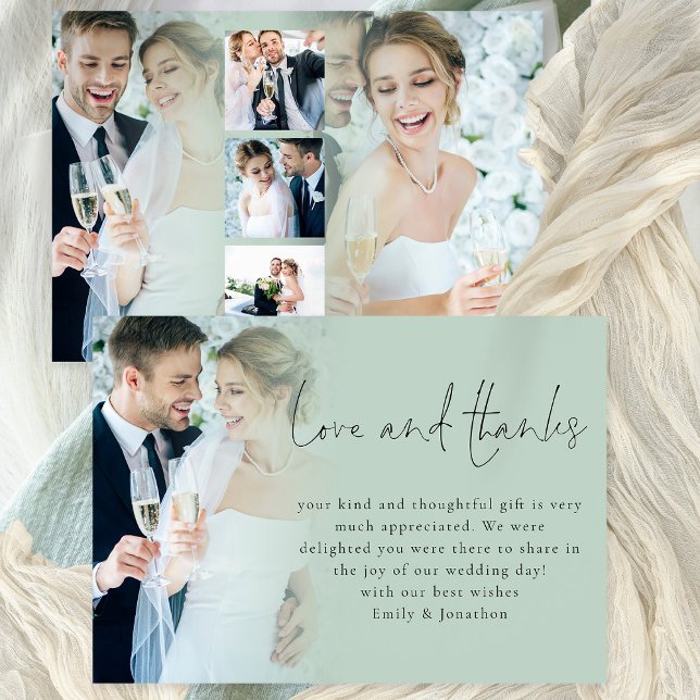 Tarjeta Guión moderno 6 Fotos Boda Amor Gracias Sage (Front and back view)
