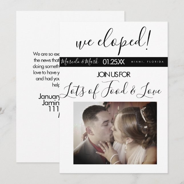 Tarjeta Guión moderno Eloped Black White Photo Dinner (Anverso / Reverso)