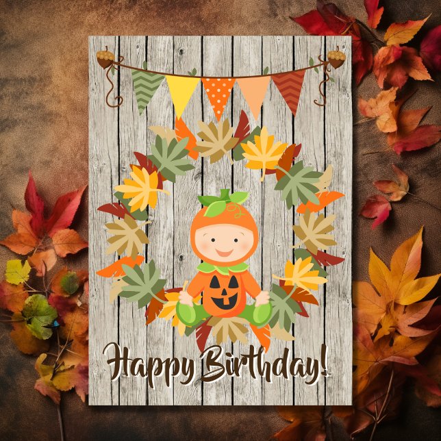 Tarjeta Guirnalda linda del bebé de la calabaza del (Cute Pumpkin Baby Wreath of Leaves Autumn Birthday Card)