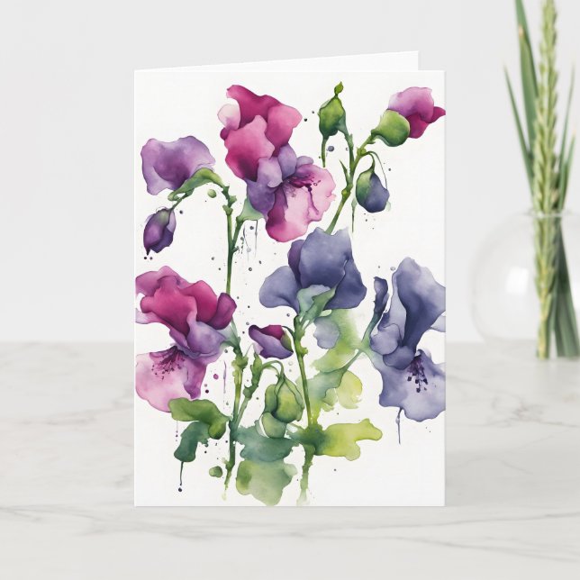 Tarjeta Guisante dulce - Flores de acuarela (Anverso)