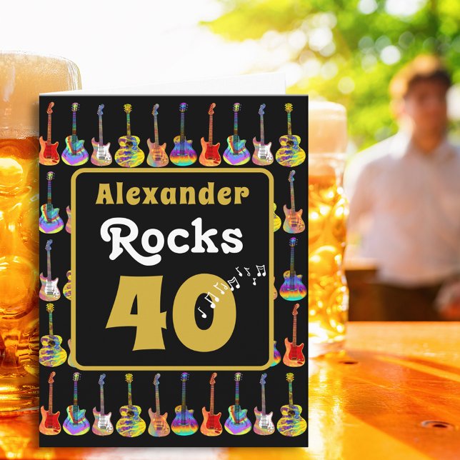 Tarjeta Guitarra de Rock and Roll Personalizada cumpleaños (40th birthday retro groovy guitar rock n roll rocks 40 personalized greetings card pop art hippie )