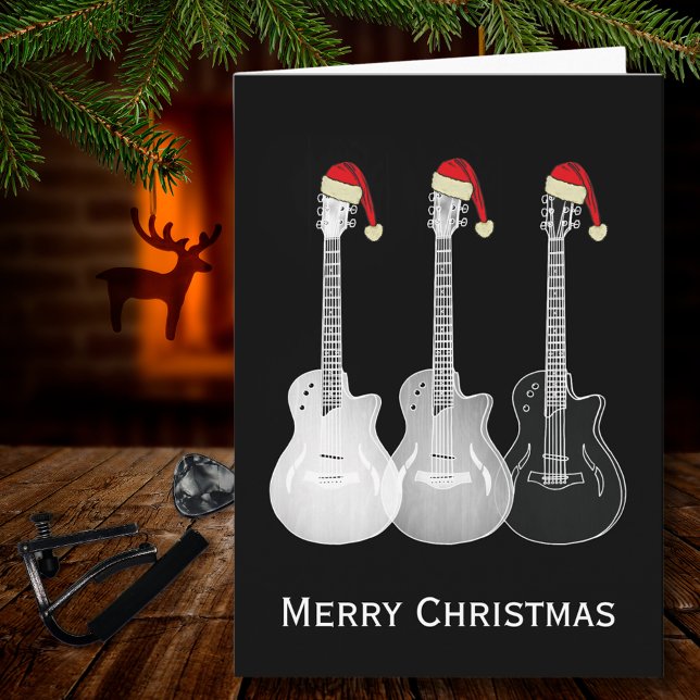 Tarjeta Guitarra Guitarra Simple Negro y blanco (Christmas guitars wearing Santa hats cool black and white music merry christmas greetings card)