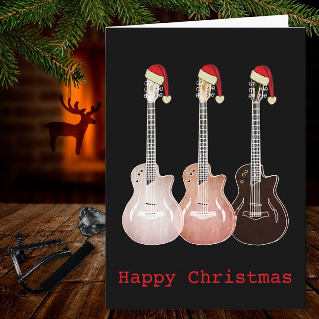 Tarjeta Guitarra navidad Rustic Music (Christmas guitars wearing Santa hats rustic music themed holidays greeting card guitarist musician )