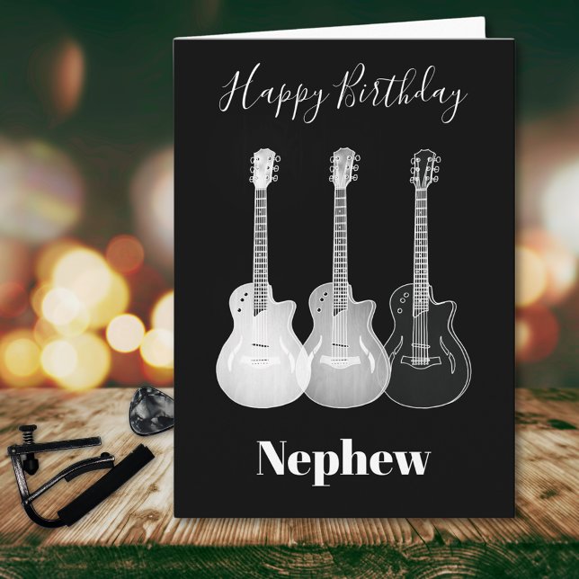 Tarjeta Guitarras de Rockstar Sobrino Monocromático (Guitar happy birthday nephew cool black and white greetings card)