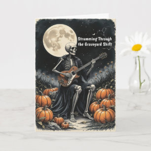 Tarjeta Guitarrista Esqueleto Bajo Luna Llena con Calabaza