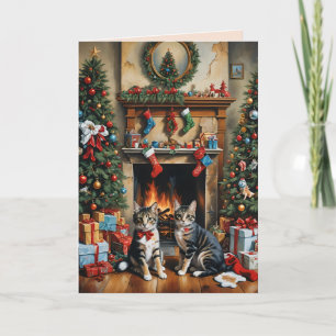 Tarjeta Habitación decorada con fiesta, chimenea, gatos, v