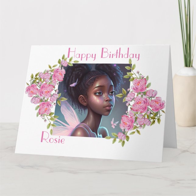 Tarjeta Hada afroamericana, hermoso hada negra. (Anverso)