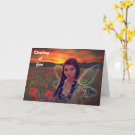 Tarjeta Hada al atardecer en un campo de amapolas Fantasía