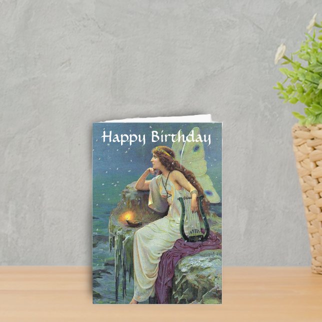 Tarjeta Hada Bonita Arpa de Fae Vela Cumpleaños Océano (Fairy on Cliff with candle and harp night sky stars on Happy birthday greeting card.)
