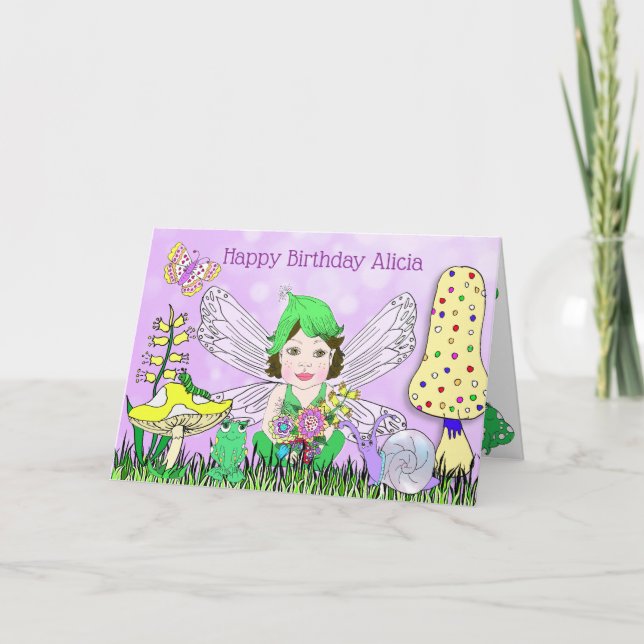 Tarjeta Hada caprichosa elfa en cumpleaños de hongo mágico (Anverso)