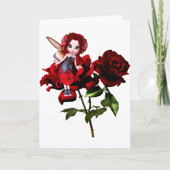 Tarjeta Hada de la mariquita en rosas rojos (Anverso)
