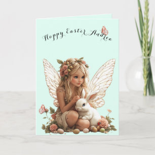 Tarjeta Hada de Pascua Rosas Rosadas Conejo Blanco Maripos