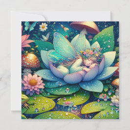 Tarjeta Hada durmiendo en una flor en blanco