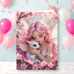 Tarjeta Hada Elfa Rosa Bonita y Dragón Feliz Cumpleaños