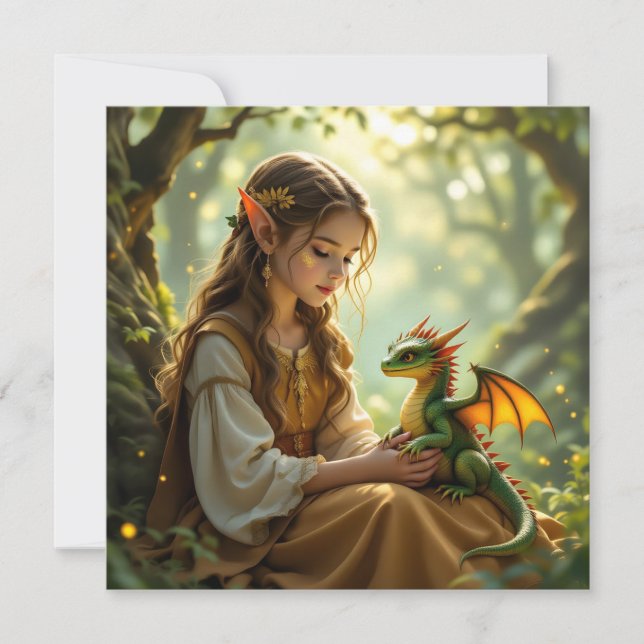 Tarjeta Hada élfica con dragón en bosque encantado (Anverso)