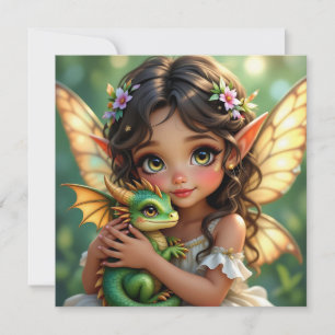 Tarjeta Hada élfica de ojos marrones y dragón 