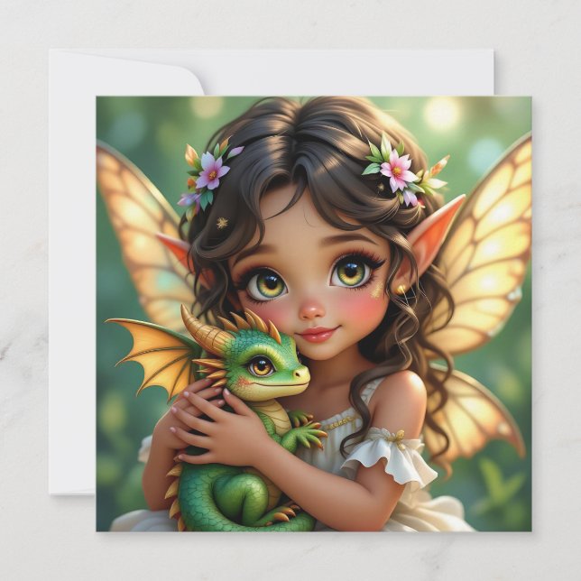 Tarjeta Hada élfica de ojos marrones y dragón  (Anverso)