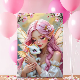 Tarjeta Hada élfica rosa y dragón blanco   Feliz cumpleaño