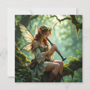 Tarjeta Hada élfica tocando clarinete en bosque encantado