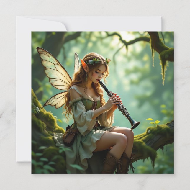 Tarjeta Hada élfica tocando clarinete en bosque encantado (Anverso)