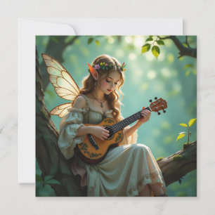Tarjeta Hada élfica tocando el ukulele en el bosque encant