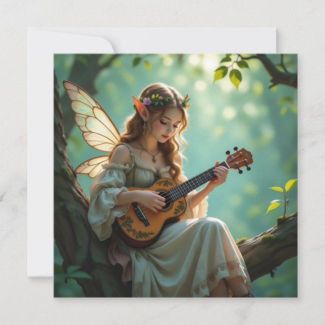 Tarjeta Hada élfica tocando el ukulele en el bosque encant (Anverso)