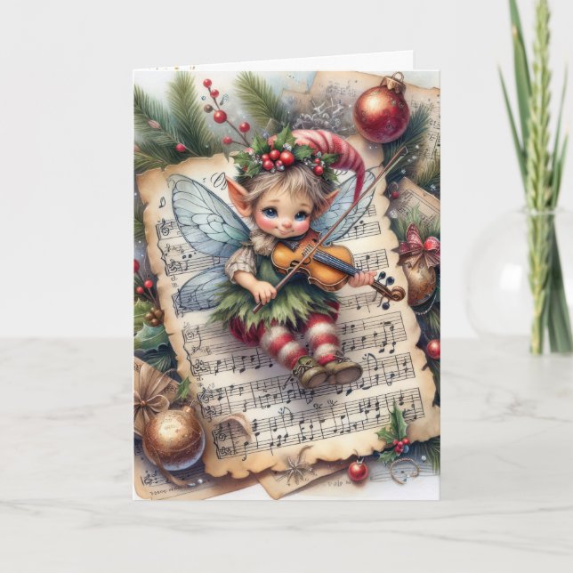 Tarjeta Hada Pixie de Navidad tocando un violín (Anverso)