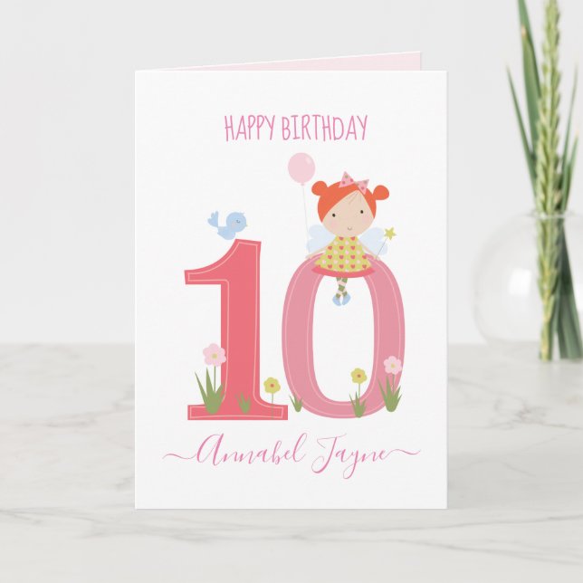 Tarjeta Hadas de cumpleaños número 10 lindo rosa personali (Anverso)